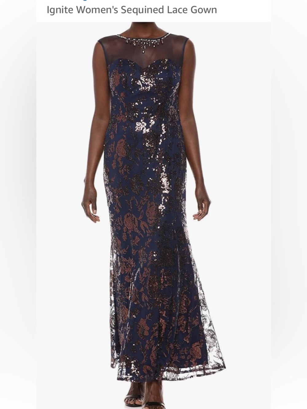 IGNITE  Evening , Beaded Illusion Navy Sequins lace  Gown